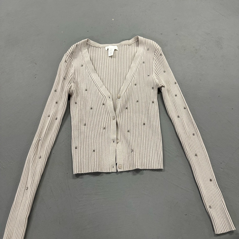 H&M Taupe Ribbed Sweater With Rhinestones